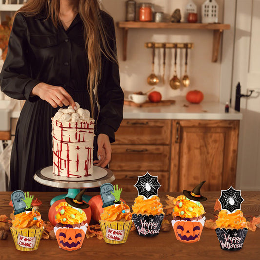 48 Pcs Halloween Cupcake Decoration Set Zombie Hand Witch Hat Spider Web Tombstones Design Cupcake Picks 3 Styles Happy Halloween Cupcake Wrappers