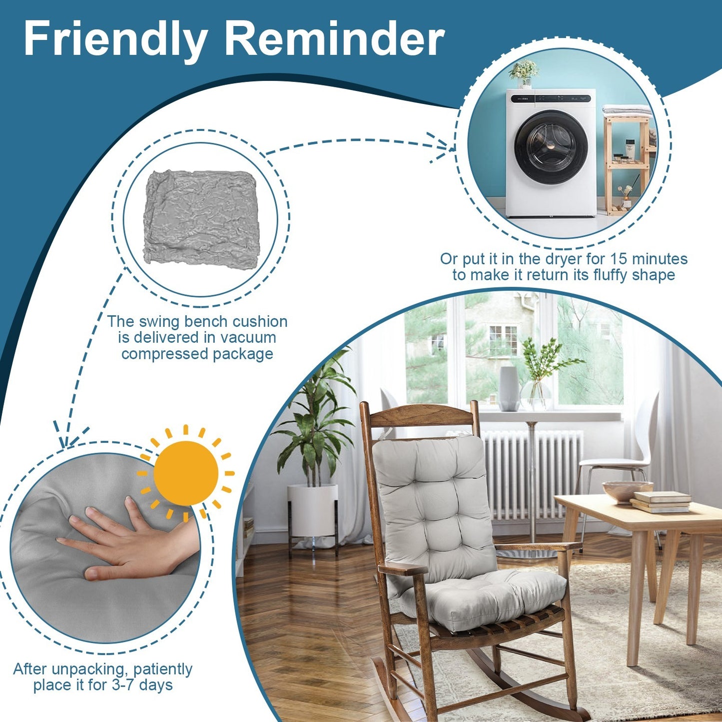 2Pcs Waterproof Rocking Chair Cushion Upper And Lower Back And Seat Sets With Non-Slip Ties Oxford Cloth Surface Polyester Filling Comfortable For Indoor Home Office Car