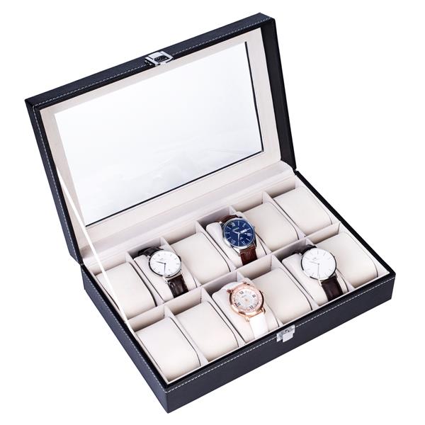 Home 12 Compartments Luxury Watch Collection Style Leather Storage Black Case