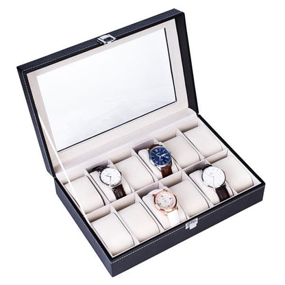 Home 12 Compartments Luxury Watch Collection Style Leather Storage Black Case