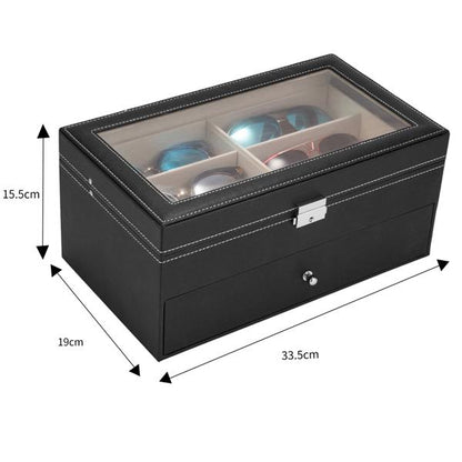 12 slots Leather Sunglass Storage and Eyeglasses Display Drawer Lockable Case OrganizerBlack