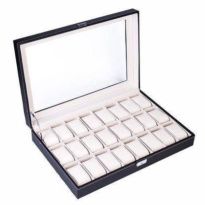 Home 24 Compartments Luxury Watch Collection Style Leather Storage Black Case