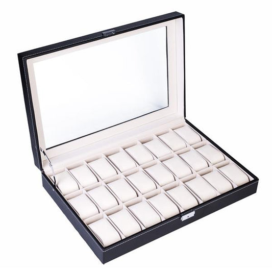 Home 24 Compartments Luxury Watch Collection Style Leather Storage Black Case