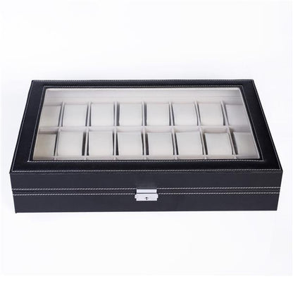 Home 24 Compartments Luxury Watch Collection Style Leather Storage Black Case