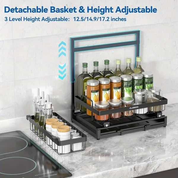 Homes Organizer 2 Tier Slide Out Under Sink Shelf Cabinet Storage Shelf Under Sink Storage For Kitchen Bathroom Metal L-Shape