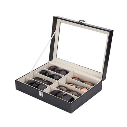 8 slots Leather Sunglasses Organizer for Women Men Eyeglasses Eyewear Display Case Sunglass Glasses Storage Holder Box Sunglasses Collection Case with 8 Slots Black
