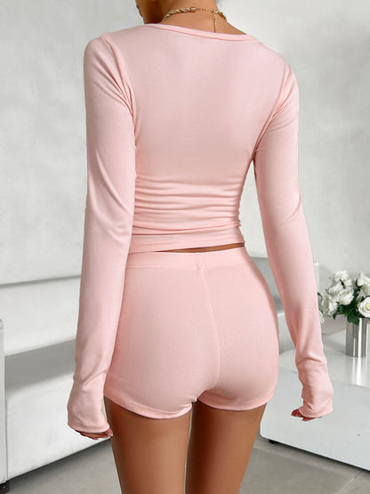 Nightwear Scoop Neck Long Sleeve Top and Shorts Set