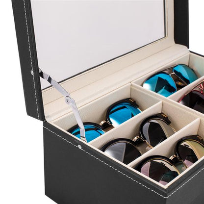 12 slots Leather Sunglass Storage and Eyeglasses Display Drawer Lockable Case OrganizerBlack