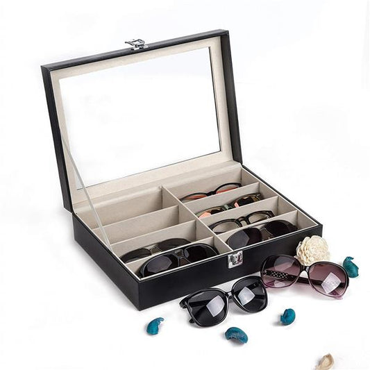 8 slots Leather Sunglasses Organizer for Women Men Eyeglasses Eyewear Display Case Sunglass Glasses Storage Holder Box Sunglasses Collection Case with 8 Slots Black