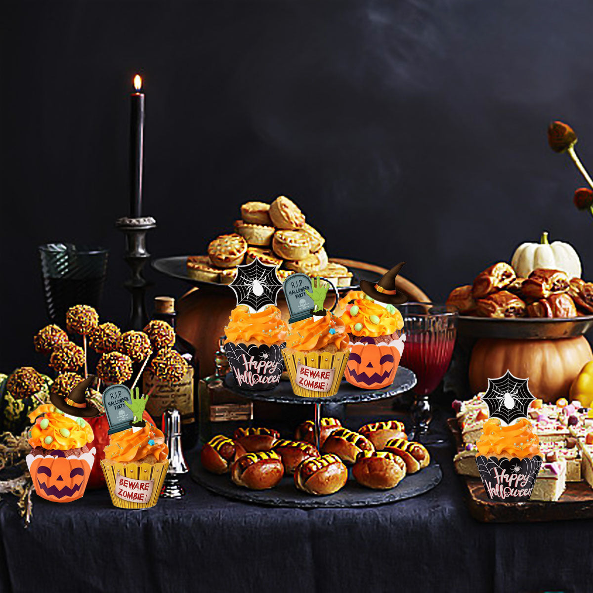 48 Pcs Halloween Cupcake Decoration Set Zombie Hand Witch Hat Spider Web Tombstones Design Cupcake Picks 3 Styles Happy Halloween Cupcake Wrappers