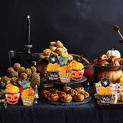 48 Pcs Halloween Cupcake Decoration Set Zombie Hand Witch Hat Spider Web Tombstones Design Cupcake Picks 3 Styles Happy Halloween Cupcake Wrappers