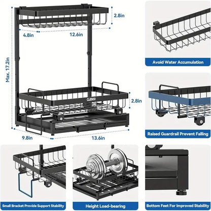 Homes Organizer 2 Tier Slide Out Under Sink Shelf Cabinet Storage Shelf Under Sink Storage For Kitchen Bathroom Metal L-Shape