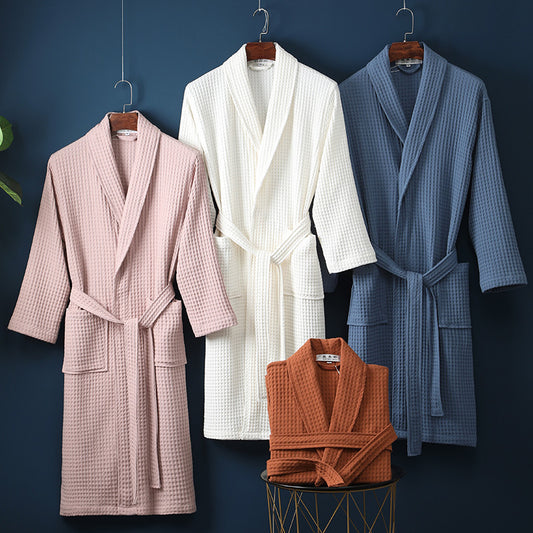 Men's Women Robes Unisex Pure Cotton Bathrobe Long Waffle All Cotton Nightwear