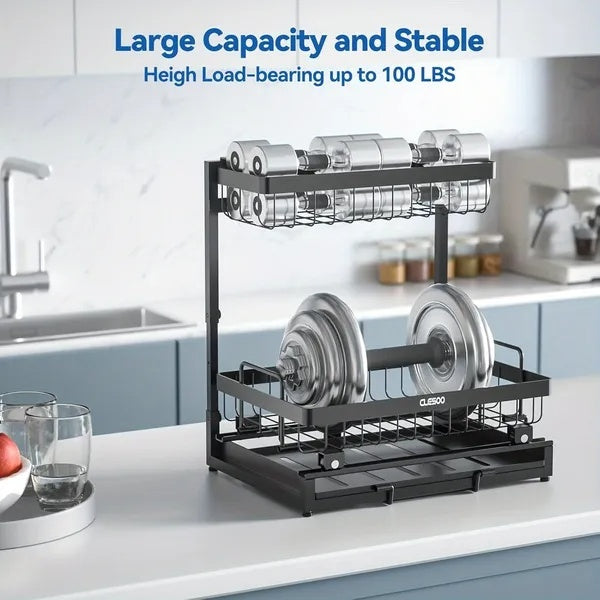 Homes Organizer 2 Tier Slide Out Under Sink Shelf Cabinet Storage Shelf Under Sink Storage For Kitchen Bathroom Metal L-Shape