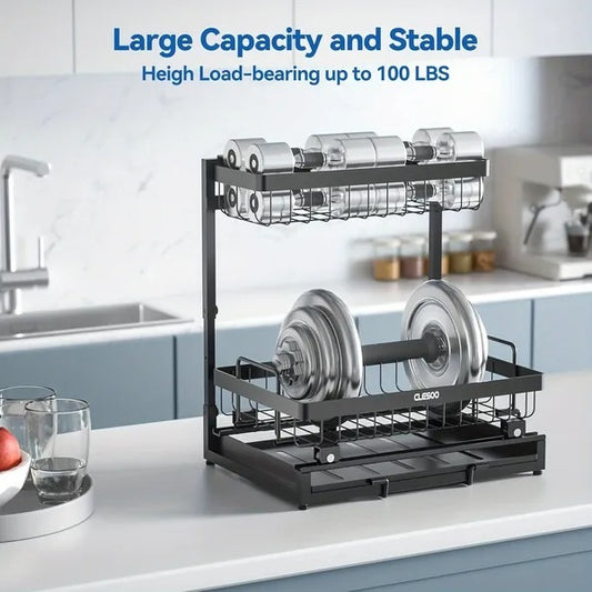 Homes Organizer 2 Tier Slide Out Under Sink Shelf Cabinet Storage Shelf Under Sink Storage For Kitchen Bathroom Metal L-Shape