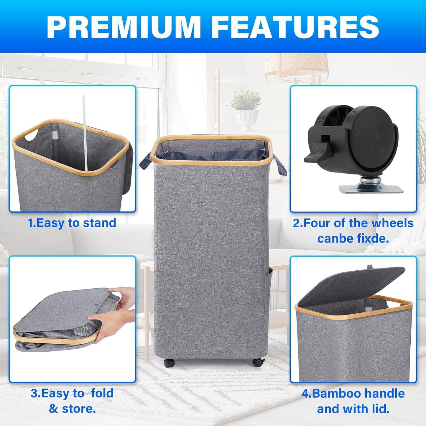 100L Large Capacity Bamboo Handle Waterproof Compact Laundry Basket With Wheels, Easy To Sort And Transport Laundry