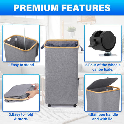 100L Large Capacity Bamboo Handle Waterproof Compact Laundry Basket With Wheels, Easy To Sort And Transport Laundry