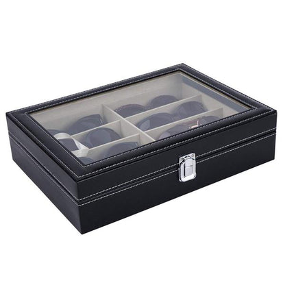 8 slots Leather Sunglasses Organizer for Women Men Eyeglasses Eyewear Display Case Sunglass Glasses Storage Holder Box Sunglasses Collection Case with 8 Slots Black