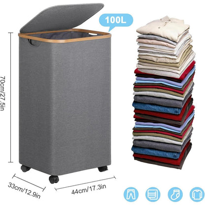 100L Large Capacity Bamboo Handle Waterproof Compact Laundry Basket With Wheels, Easy To Sort And Transport Laundry