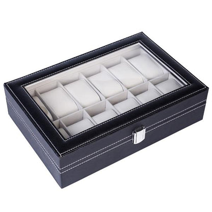 Home 12 Compartments Luxury Watch Collection Style Leather Storage Black Case