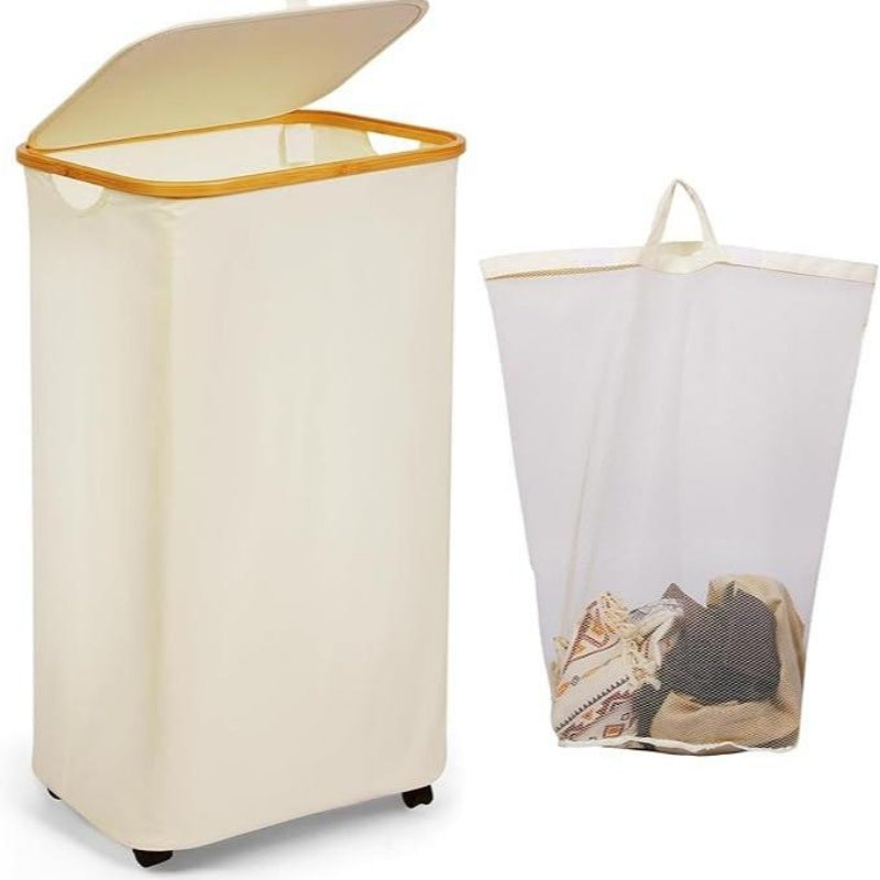 100L Large Capacity Bamboo Handle Waterproof Compact Laundry Basket With Wheels, Easy To Sort And Transport Laundry