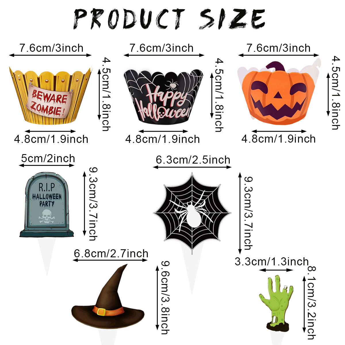 48 Pcs Halloween Cupcake Decoration Set Zombie Hand Witch Hat Spider Web Tombstones Design Cupcake Picks 3 Styles Happy Halloween Cupcake Wrappers