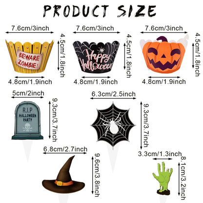 48 Pcs Halloween Cupcake Decoration Set Zombie Hand Witch Hat Spider Web Tombstones Design Cupcake Picks 3 Styles Happy Halloween Cupcake Wrappers
