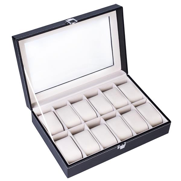 Home 12 Compartments Luxury Watch Collection Style Leather Storage Black Case