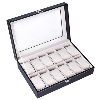 Home 12 Compartments Luxury Watch Collection Style Leather Storage Black Case