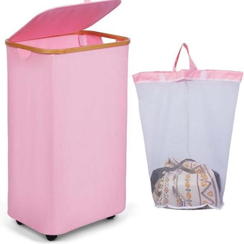 100L Large Capacity Bamboo Handle Waterproof Compact Laundry Basket With Wheels, Easy To Sort And Transport Laundry
