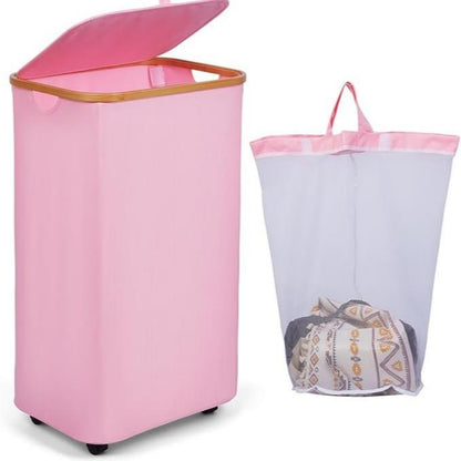 100L Large Capacity Bamboo Handle Waterproof Compact Laundry Basket With Wheels, Easy To Sort And Transport Laundry