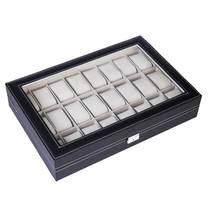 Home 24 Compartments Luxury Watch Collection Style Leather Storage Black Case