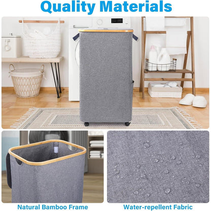 100L Large Capacity Bamboo Handle Waterproof Compact Laundry Basket With Wheels, Easy To Sort And Transport Laundry