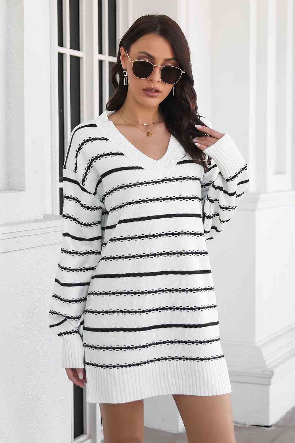 Ladies Sweater Dress Striped V-Neck