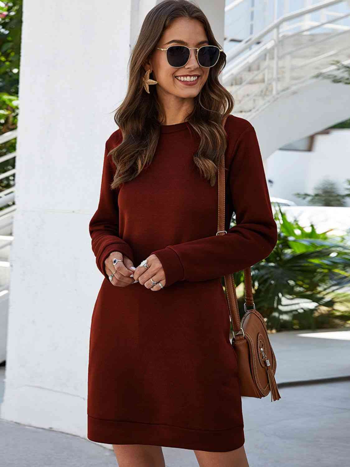 Ladies Freestyle Round Neck Long Sleeve Mini Dress with Pockets