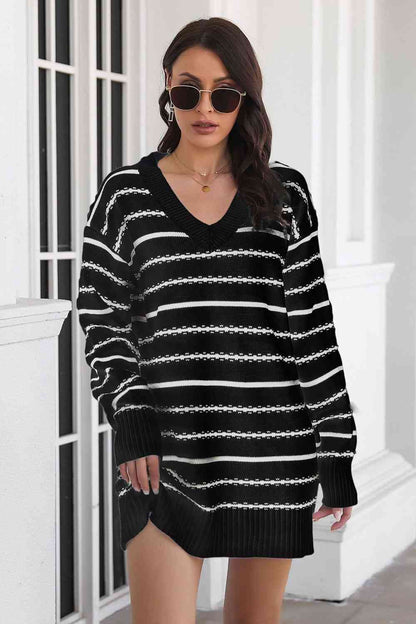 Ladies Sweater Dress Striped V-Neck