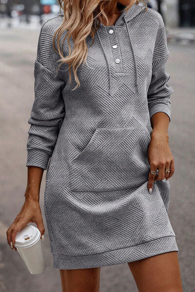 Ladies Freestyle Texture Half Snap Drawstring Hooded Dress