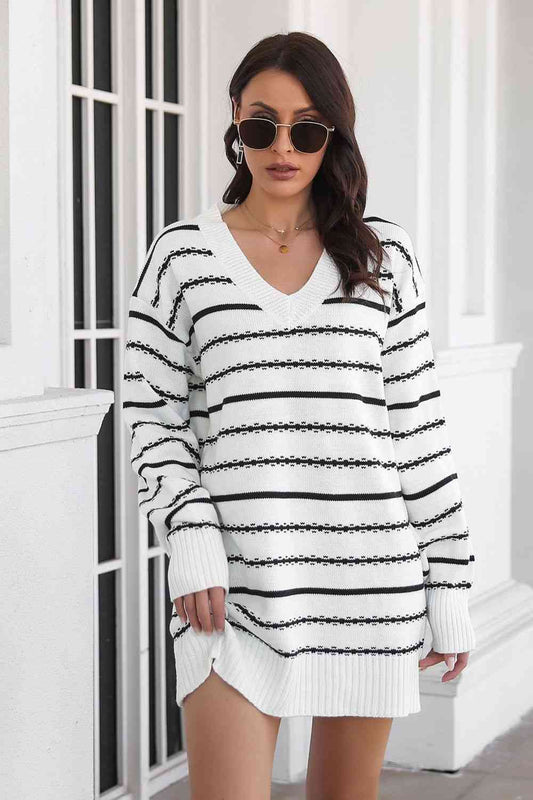 Ladies Sweater Dress Striped V-Neck