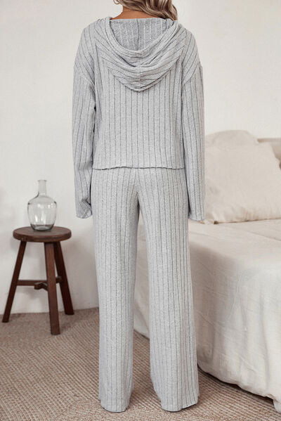 Nightwear Ribbed Drawstring Hoodie and Pants Set