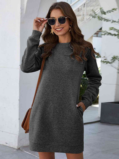 Ladies Freestyle Round Neck Long Sleeve Mini Dress with Pockets