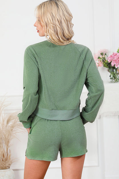 Nightwear Round Neck Long Sleeve Top and Drawstring Shorts Lounge Set