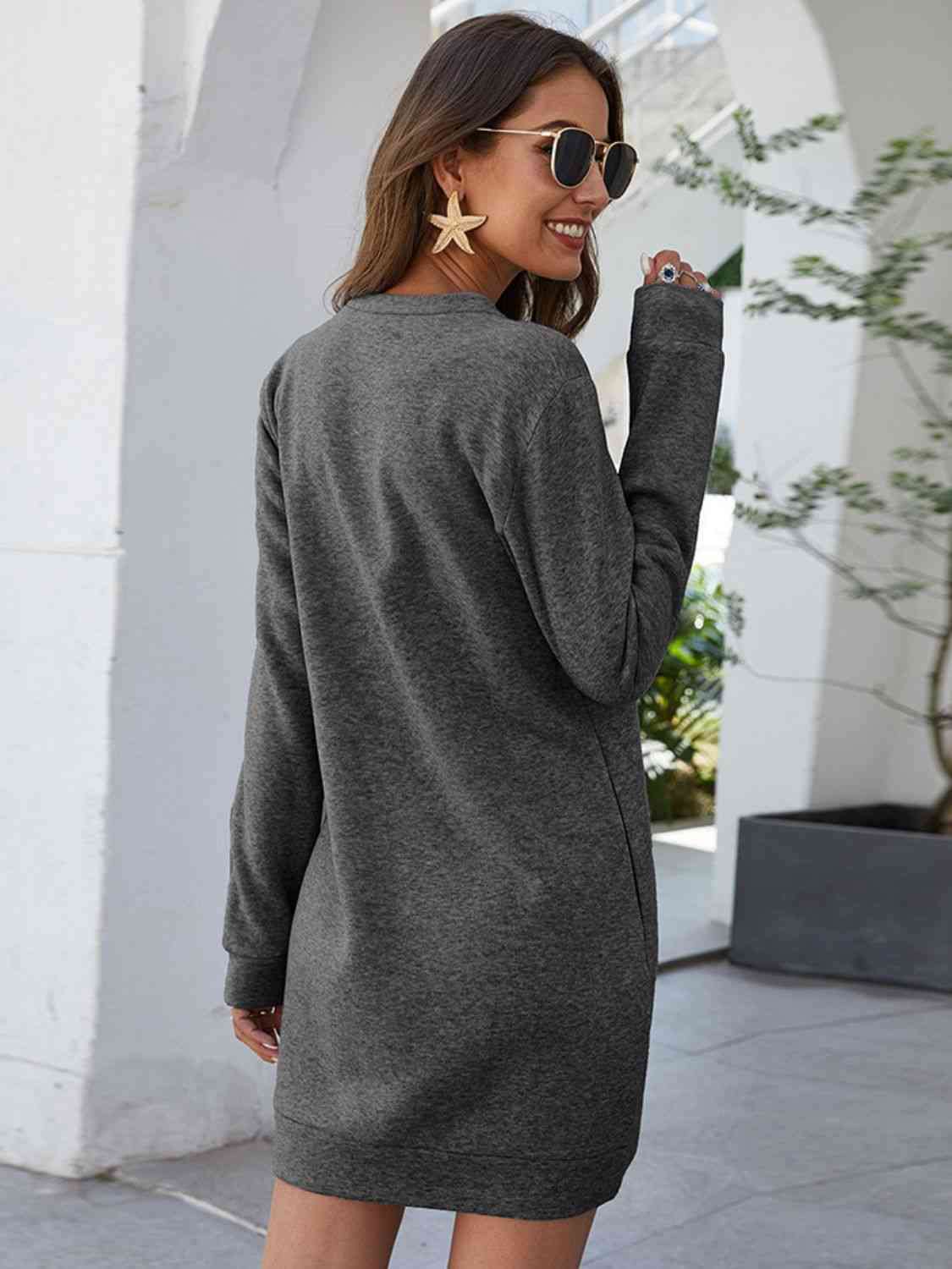 Ladies Freestyle Round Neck Long Sleeve Mini Dress with Pockets