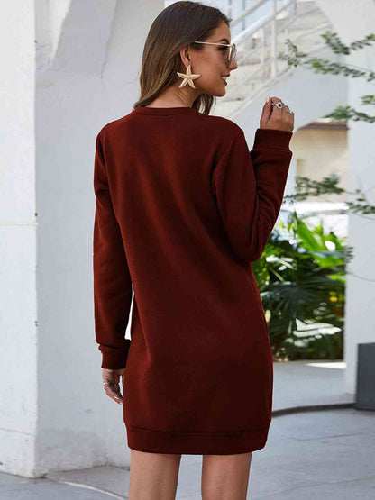 Ladies Freestyle Round Neck Long Sleeve Mini Dress with Pockets