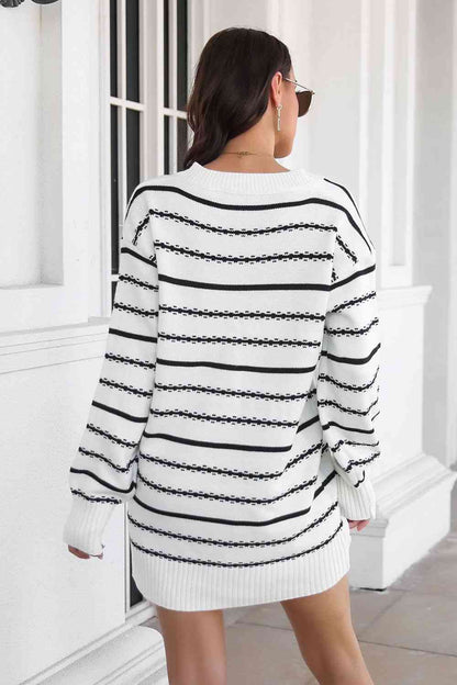 Ladies Sweater Dress Striped V-Neck