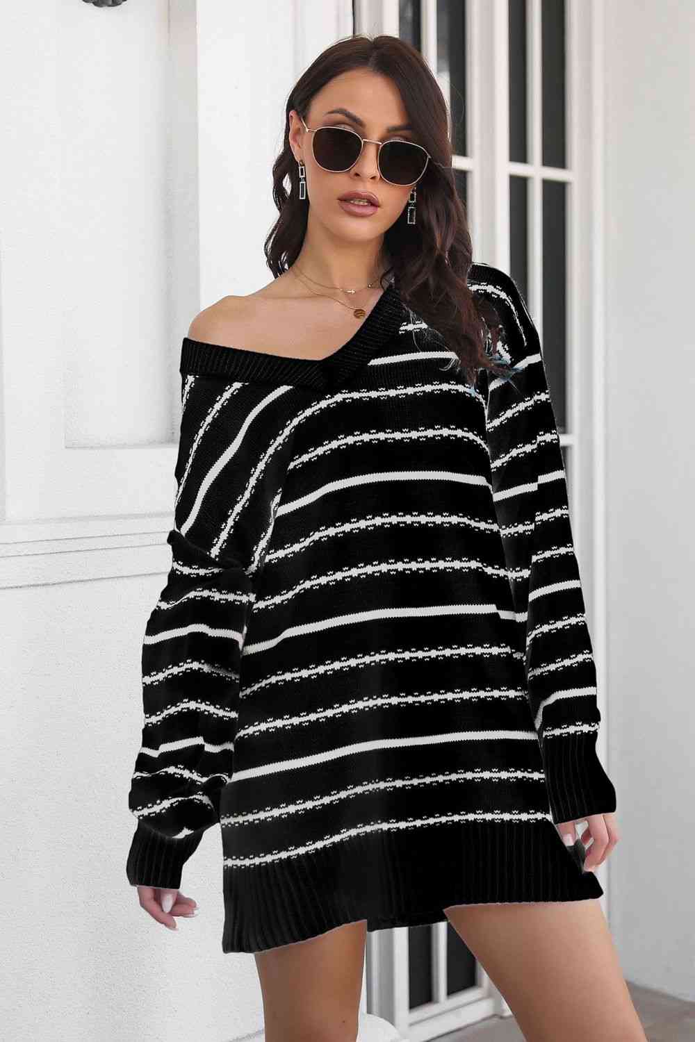 Ladies Sweater Dress Striped V-Neck