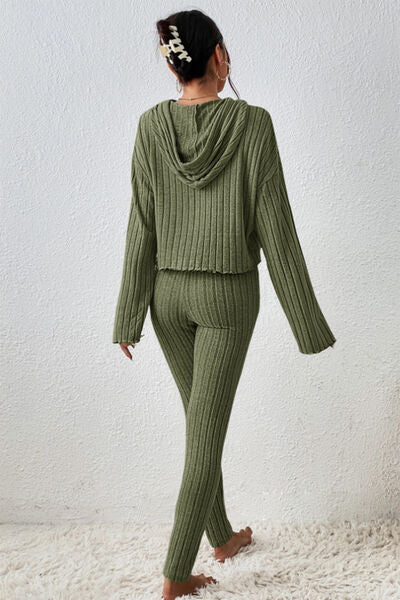 Nightwear Hem Dropped Shoulder Hooded Top and Pants Set