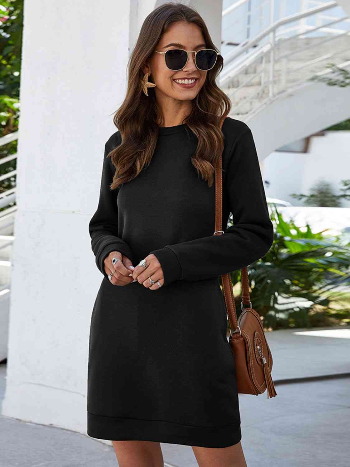 Ladies Freestyle Round Neck Long Sleeve Mini Dress with Pockets