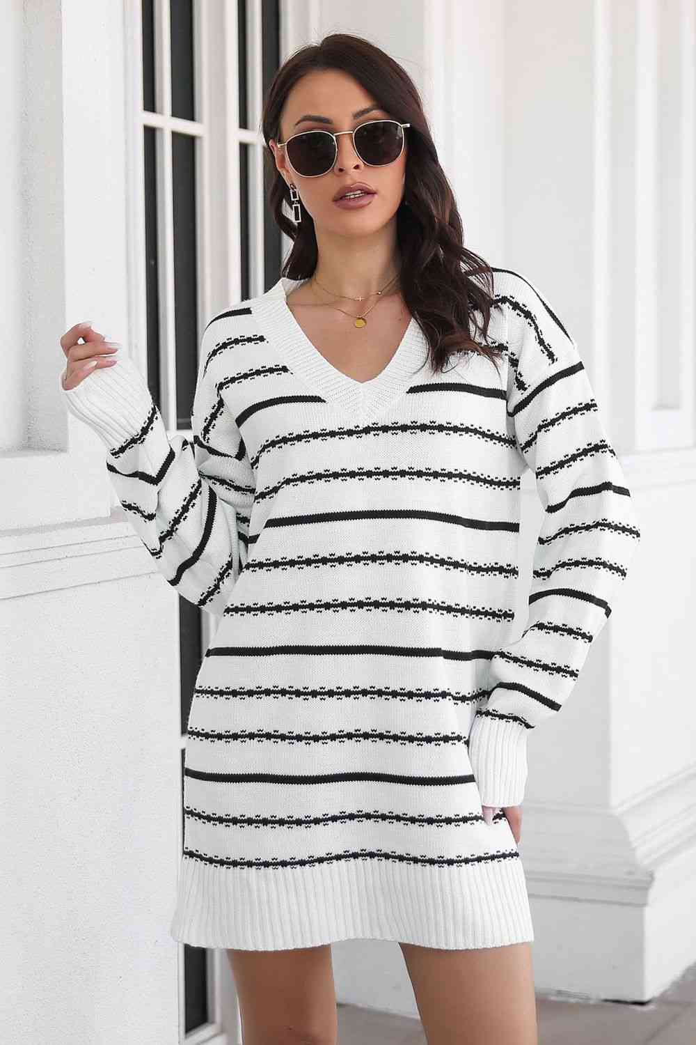 Ladies Sweater Dress Striped V-Neck